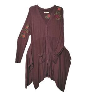 Caite Floral Embroidered Handkerchief Hem Tunic Dress V-Neck Burgundy Womens M